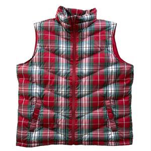 Land's End Down Plaid Puffer Vest Mockneck Pockets XL 18 Holiday Christmas